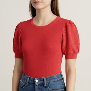 Milly Red Orange Puff Sleeve Knit Top Women’s Size M Ribbed Short Sleeve Sweater